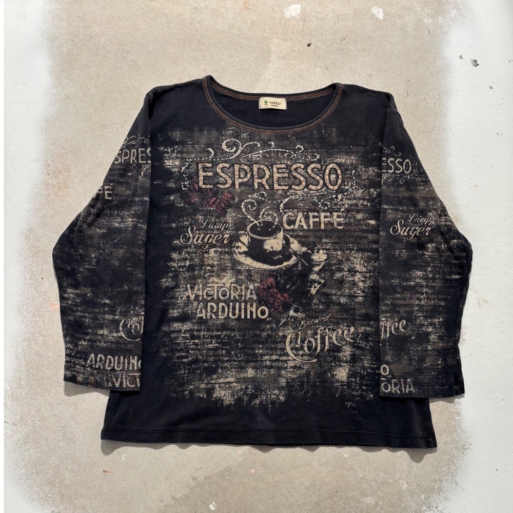 Cactus Espresso Coffee Graphic Top Black Rhinestone Long Sleeve Y2K Medium